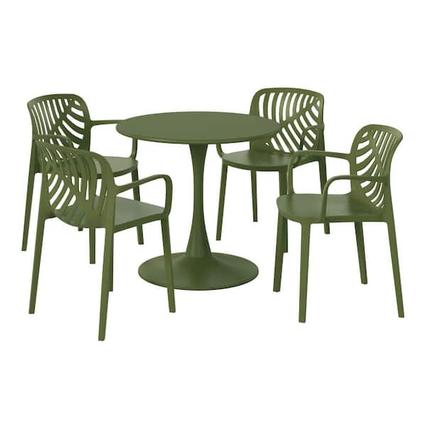 Frond and Form Outdoor Patio Modern 5-Piece Round HDPE Plastic Dining Table Set with Stackable Chairs, Olive Green