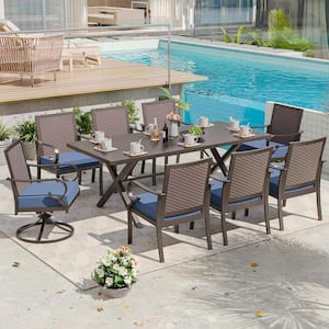 9-Piece Metal Outdoor Dining Set with Rattan Woven Backrest, Swivel Rocking Chairs, Umbrella Hole and Navy Blue Cushion