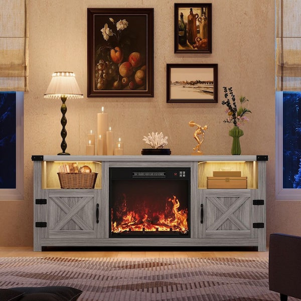 58 in. Gray TV Stand with Fireplace Fits TVs up to 65in. LED Entertainment Center with Storage Shelves and Cabinets