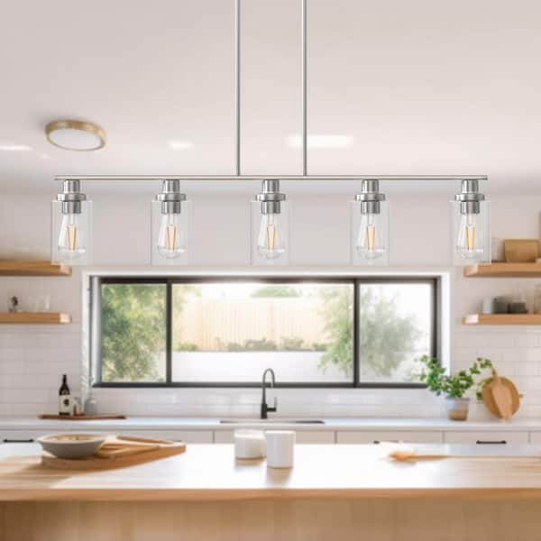YANSUN 5-Light Elegant Brushed Nickel Island Chandelier with Clear Glass,Pendant Light Perfect for Dining and Kitchen Spaces