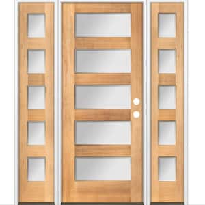 64 in. x 80 in. Modern Douglas Fir 5-Lite Left-Hand/Inswing Frosted Glass Clear Stain Wood Prehung Front Door w/ DSL