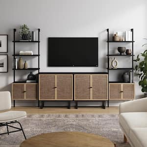 Kova Black Oak TV Stand Entertainment Center, Fits TVs Up to 65 in. with Storage Cabinet, Metal Frame, and Cane Doors