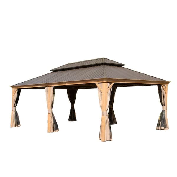 14 ft. x 24 ft. Yellow Brown Hardtop Gazebo with Galvanized Steel Double Roof, Aluminum Frame, Built-in Gutter and