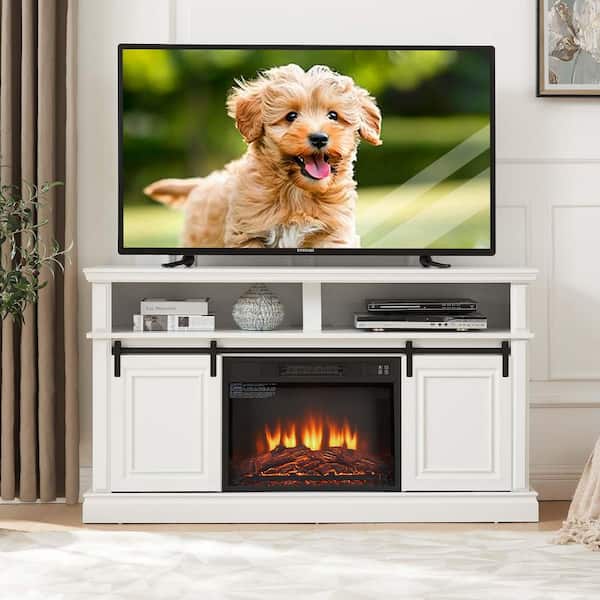 58 in. Freestanding Electric Fireplace TV Stand with Storage Space and Multifunctional Sliding Doors in Antique White