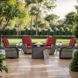 7-Piece Gray Wicker Fire Pit Conversation Set with Olefin Red Cushions and 4 Swivel Glider Chairs and Side Tables