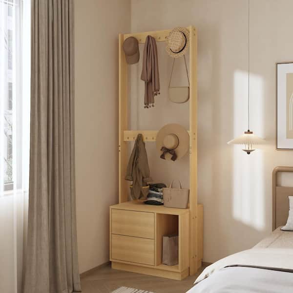 FUFU&GAGA Yellow Wood Grain Freestanding Closet Organizer, Clothes Rack with 2-Hanging Rods, 2 Push-to-Open Drawers and Open Shelf