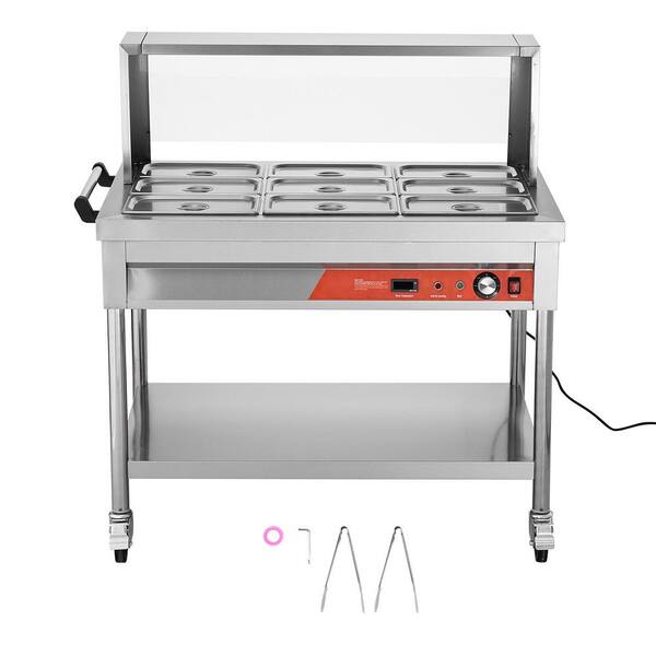 9-Pan Commercial Food Warmer, 1500 Watt Electric Steam Table with Undershelf and Wheels, Stainless Steel Buffet Server
