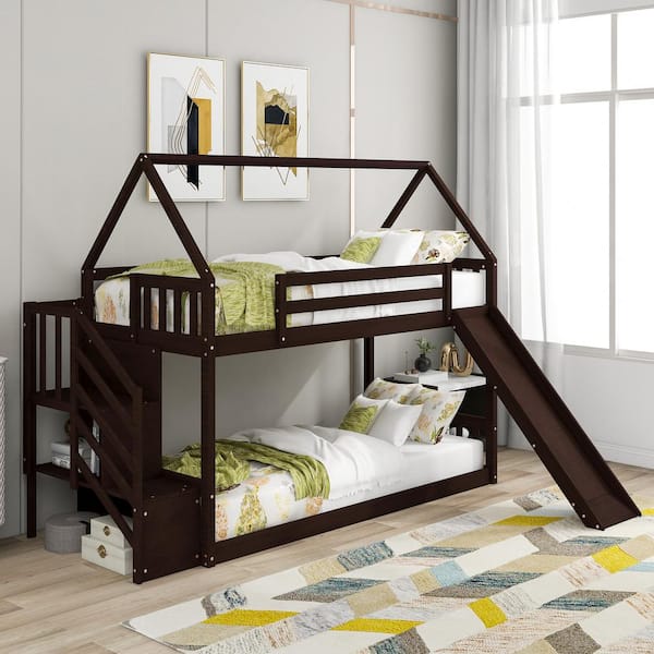 Qualler Espresso Twin House Bunk Bed with Slide and Storage Staircase