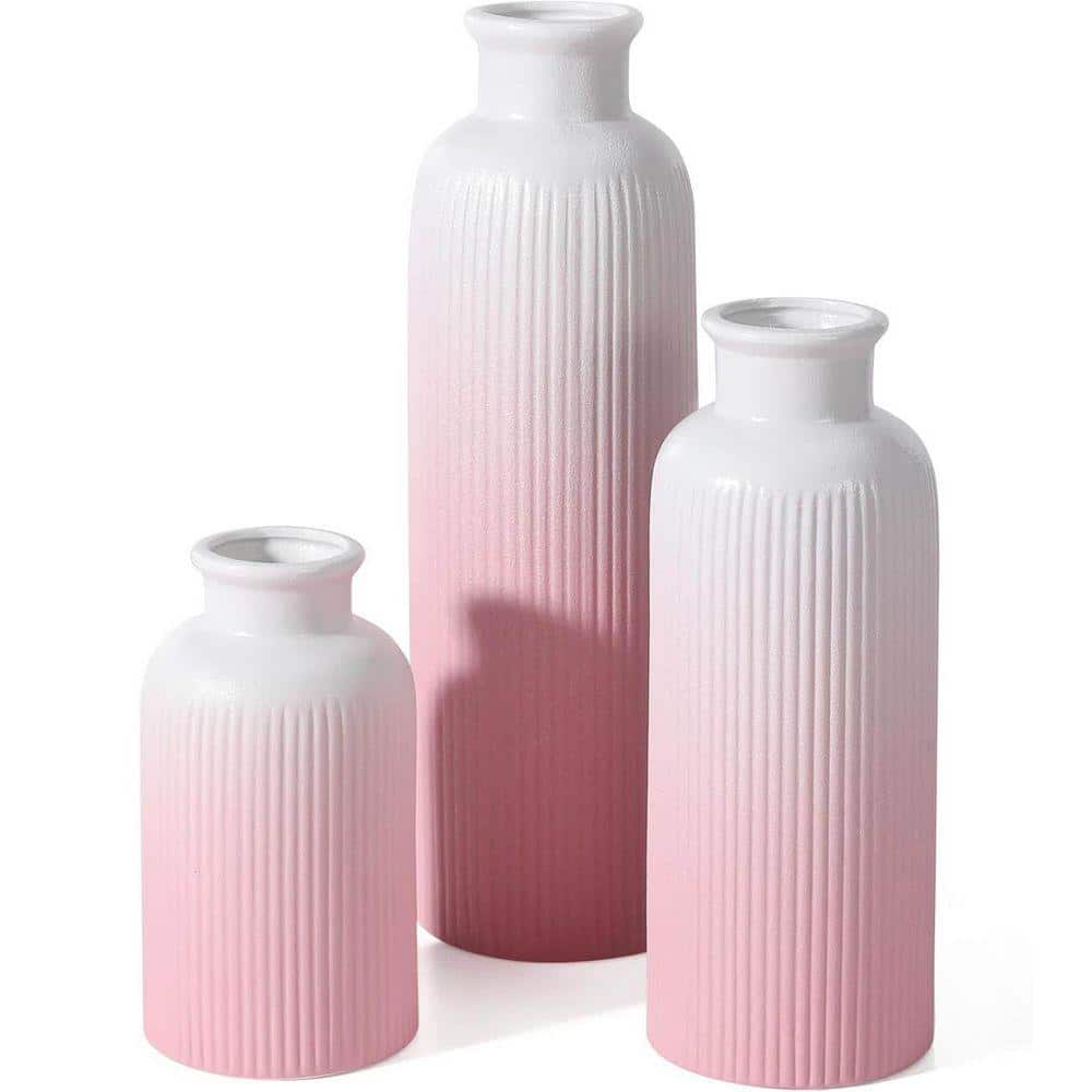 10 in. Gradient Pink Ceramic Round Vase (Set of 3), Boho Modern Flower Vase Room Decor YA109