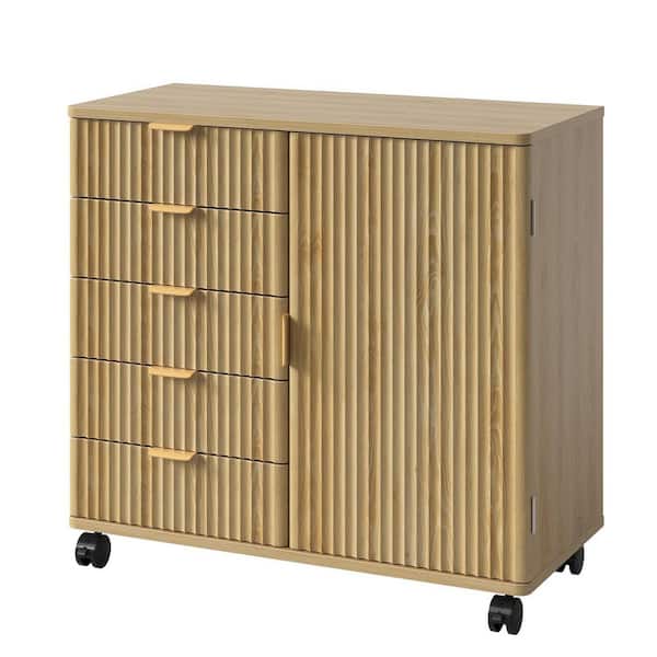 Bestier 5-Drawer Natural Oak Wood 32 in. W Rolling Lateral File