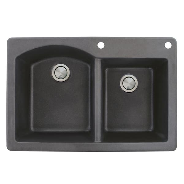 Transolid Aversa Drop-in Granite 33 in. 2-Hole 1-3/4 D-Shape Double Bowl Kitchen Sink in Black