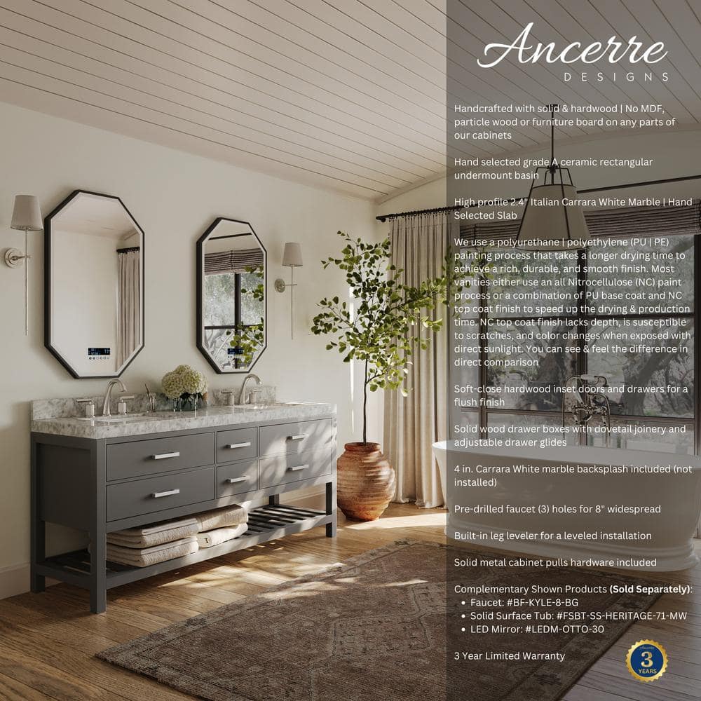 Elizabeth 72'' Sapphire Gray Double Sink Vanity with Marble Top