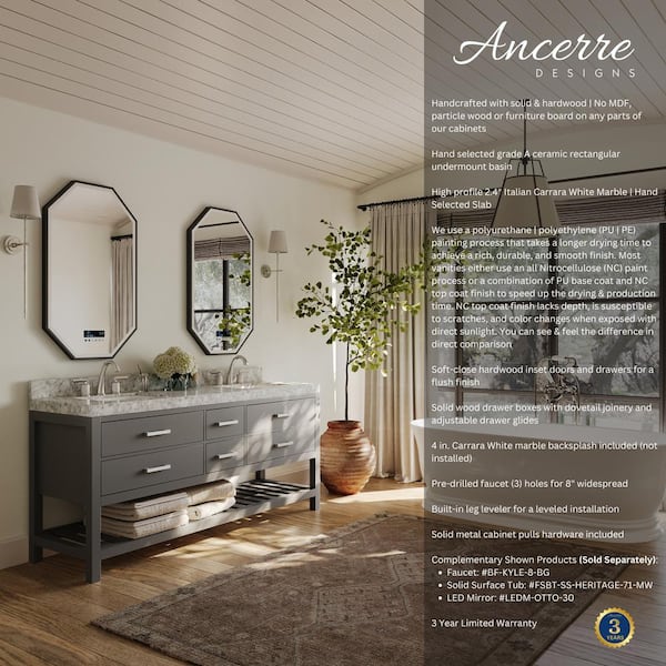 Elizabeth 72 in. W x 22 in. D Vanity in Sapphire Gray with Marble Vanity Top in Carrara White with White Basins