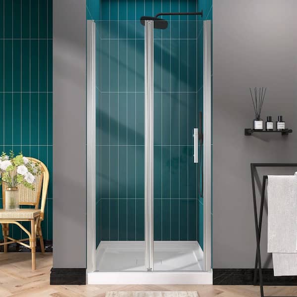 NTQ 34 to 35.25 in. W. x 72 in. H Bifold Hinged Shower Panel Pivot Frameless Shower Door in Chrome with Clear Glass Handle