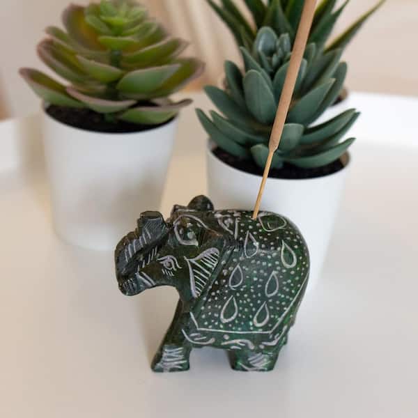 Handcrafted Soapstone Pencil Holder with Elephant Motifs - Helping