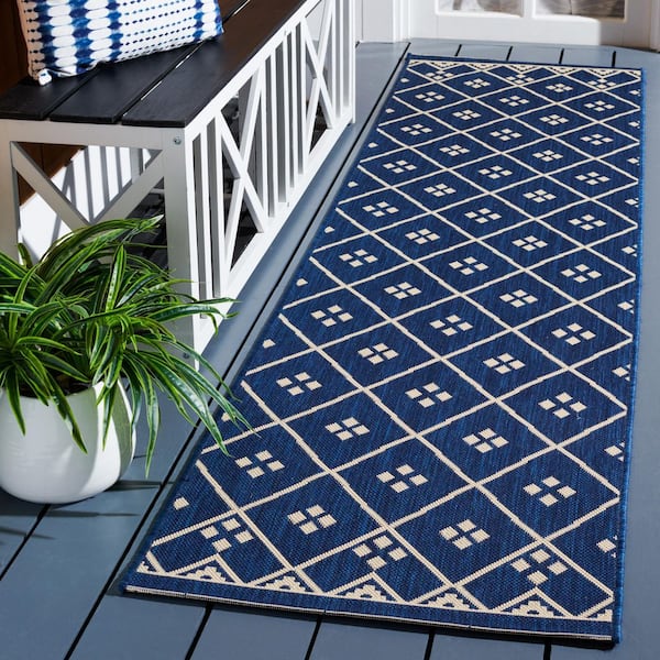 Courtyard Navy/Light Beige 2 ft. x 12 ft. Tribal Diamond Indoor/Outdoor Runner Rug