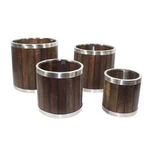 16 in. Round Dark Brown Wooden Planter Box with Stainless Steel Trim