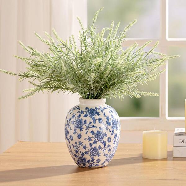●MID CENTURY MODERN DESIGN FLOWER VASE● 7.9 in. Blue Round Ceramic Retro Floral Vases Rustic Decorative