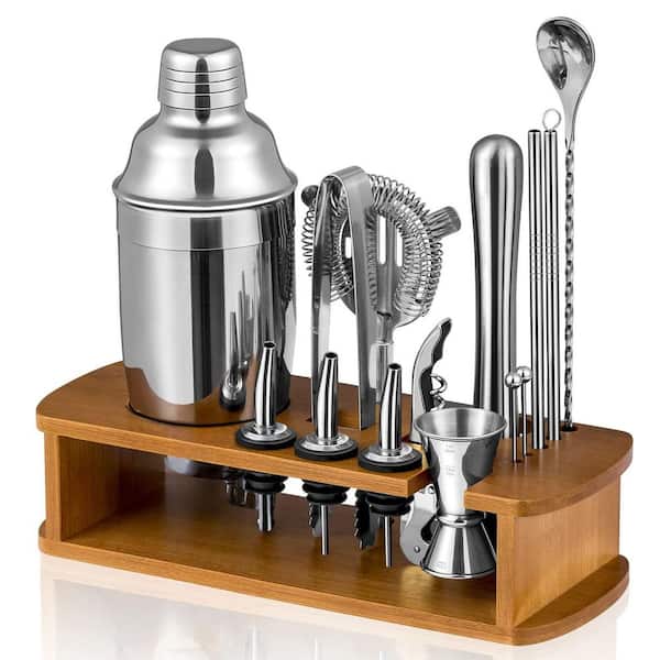 17-Piece Silver Stainless Steel Bar Set Include Martini Shaker, Jigger, Strainer, Mixer Spoon, Muddler, Liquor Pourers