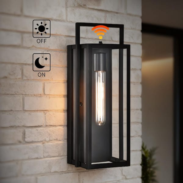 Edvivi 16 in. 1-Light Matte Black Dusk to Dawn Outdoor Hardwired Wall Lantern Sconce with Clear Glass Shade