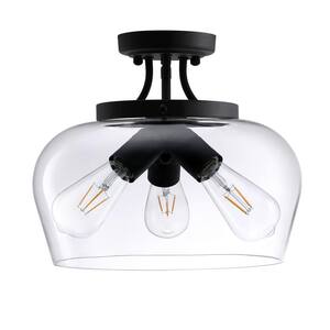 14 in. 3-Light Matte Black Semi-Flush Mount with Clear Glass Shade
