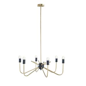 Light Pro 6 Light Antique Brass and Black Chandelier for Dining Room, Living Room with No Bulbs Included