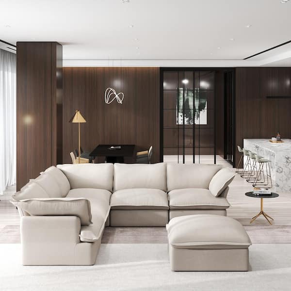 122 in. Flared Arm 5-Piece linen Modular Sectional Sofa in Beige with Storage Ottoman