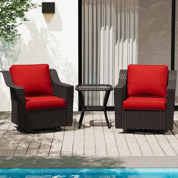 Gardenbee 3-Pcs Brown Wicker Outdoor Rocking Chair Patio Conversation Set Swivel Chairs with Red Cushions and Table