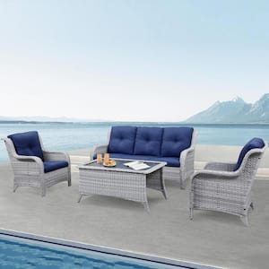 Carolina Grey Wicker 4-Piece Patio Conversation Set with Blue Cushions