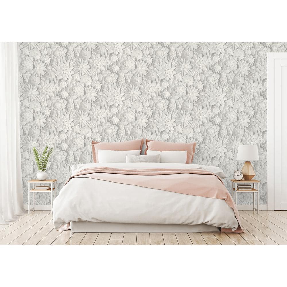 Medley White 3D Floral Matte Unpasted Wallpaper Roll