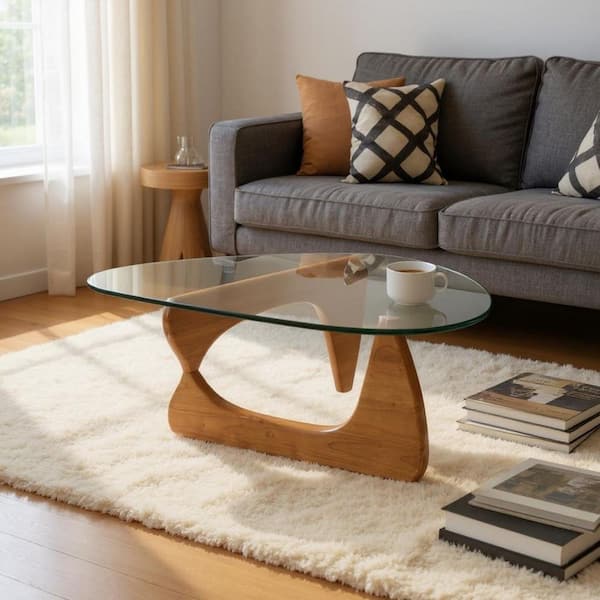 54.00 in. Walnut Triangle Glass Coffee Table