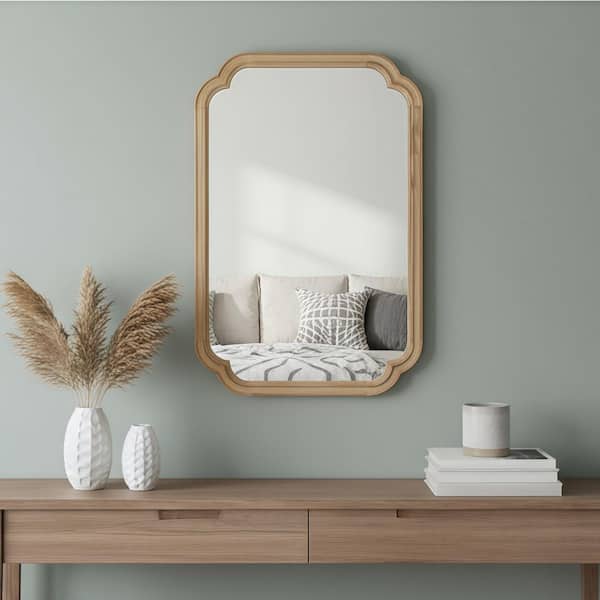 Natural Wood 24 in. W x 36 in. H Rectangle Solid Wood Frame Mirror with Rounded Corners for Bathroom Living Room Decor