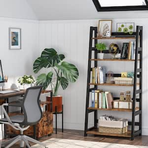 56.5 in. Brown Wood 5-Shelf Ladder Bookcase Vintage Bookshelf with 5-Tier Shelves