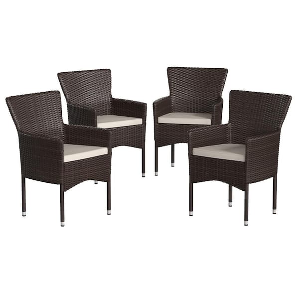 Brown Wicker/Rattan Outdoor Lounge Chair in White (Set of 4)