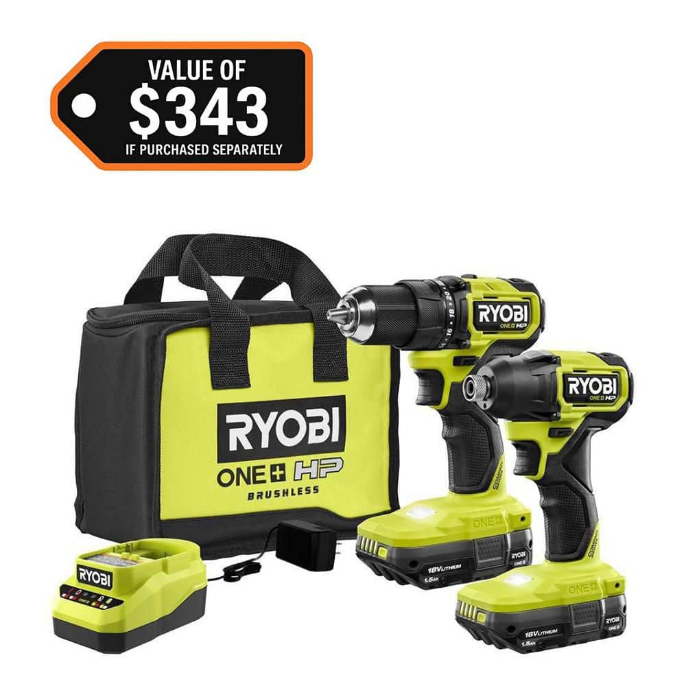 RYOBI ONE+ HP 18V Brushless Cordless Compact 1/2 in. Drill and Impact Driver Kit with (2) 1.5 Ah Batteries, Charger, and Bag PSBCK102K2 - The Home Depot