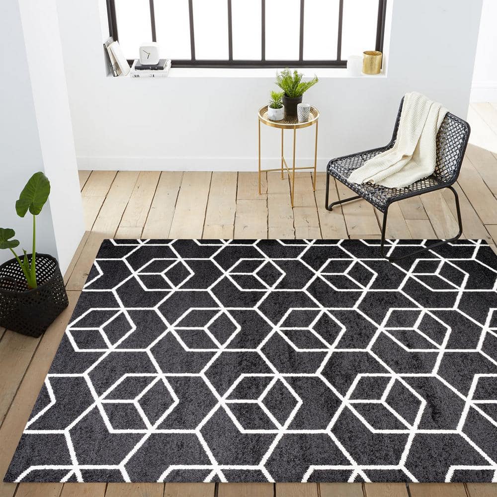 Black and White Geometric Mid-Century Modern Area Rug 4 x 6