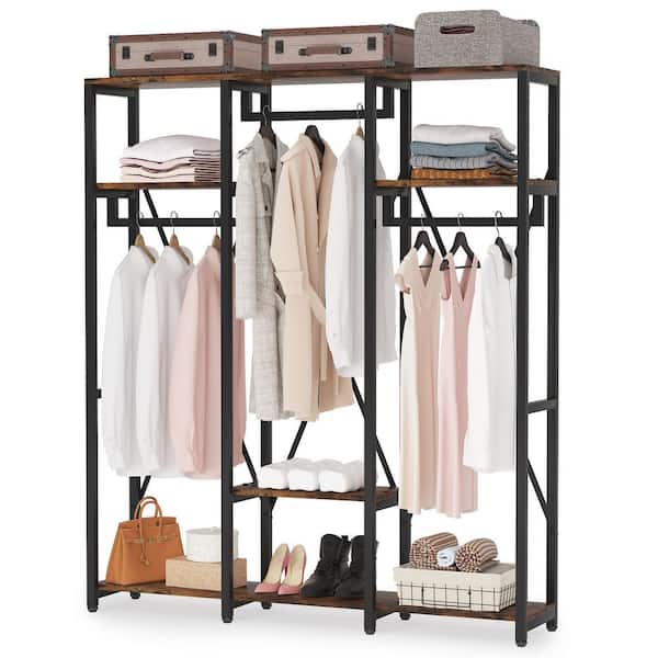 BYBLIGHT Carmalita Brown and Black Wood and Metal Clothes Garment Rack Freestanding Closet Organizer Systems with Shelves