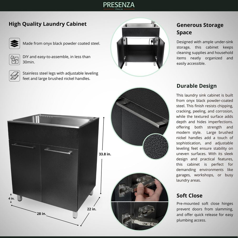 28" Black Stainless Steel Freestanding Laundry Sink with Faucet