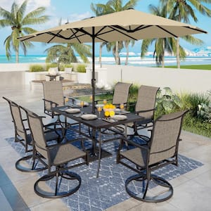 8-Piece Metal Outdoor Patio Dining Set with Padded Textilene Swivel Chairs and Umbrella