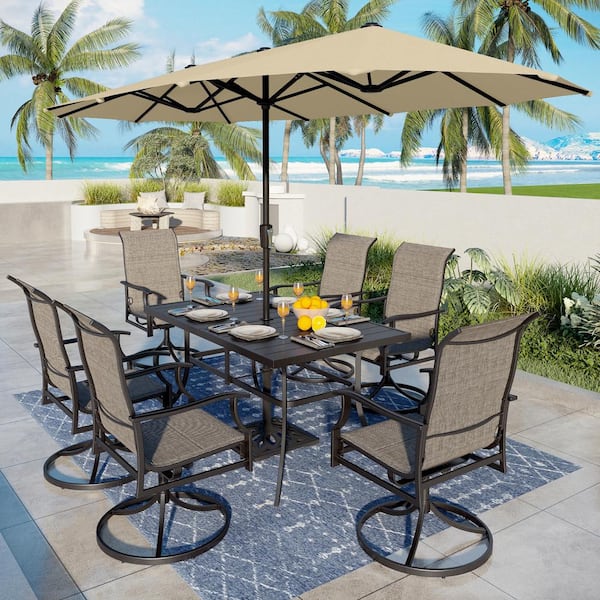 PHI VILLA 8-Piece Metal Outdoor Patio Dining Set with Padded Textilene Swivel Chairs and Umbrella