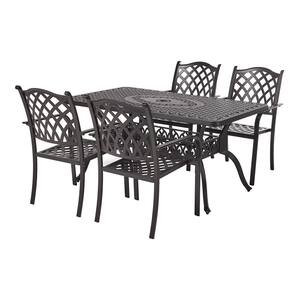 Classic Dark Brown 5-Piece Cast Aluminum Rectangle Outdoor Dining Set with Table and Stackable Dining Chairs