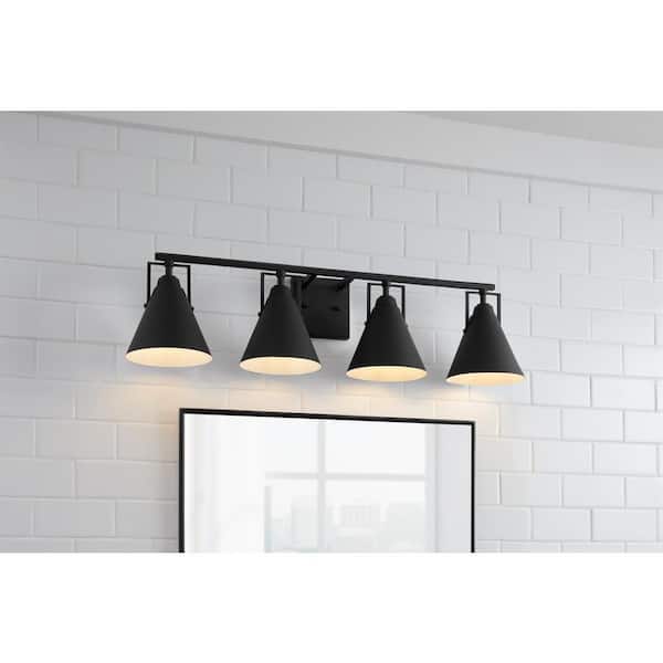 Insdale 4-Light Matte Black Modern Industrial Bathroom Vanity Light with Black Metal Shades