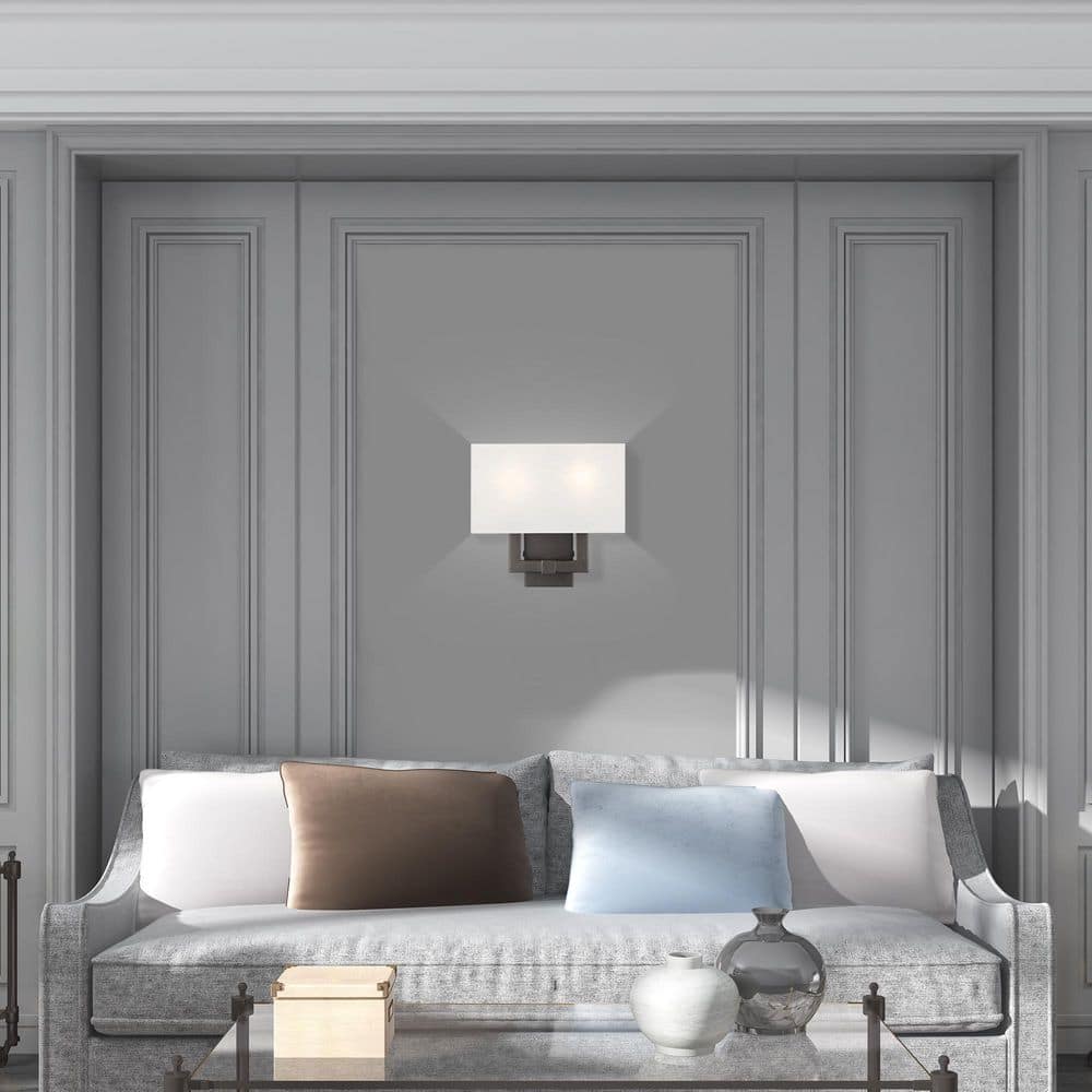 Meridian English Bronze 2-Light Wall Sconce with Oatmeal Shade