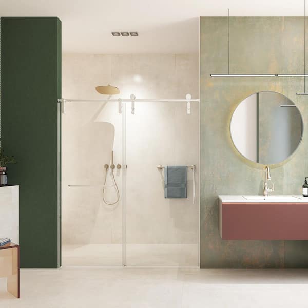 60 in. x 70 in. Frameless Sliding Shower Door in Brushed Nickel with Buffer, 5/16 in. Tempered Glass Shower Enclosure