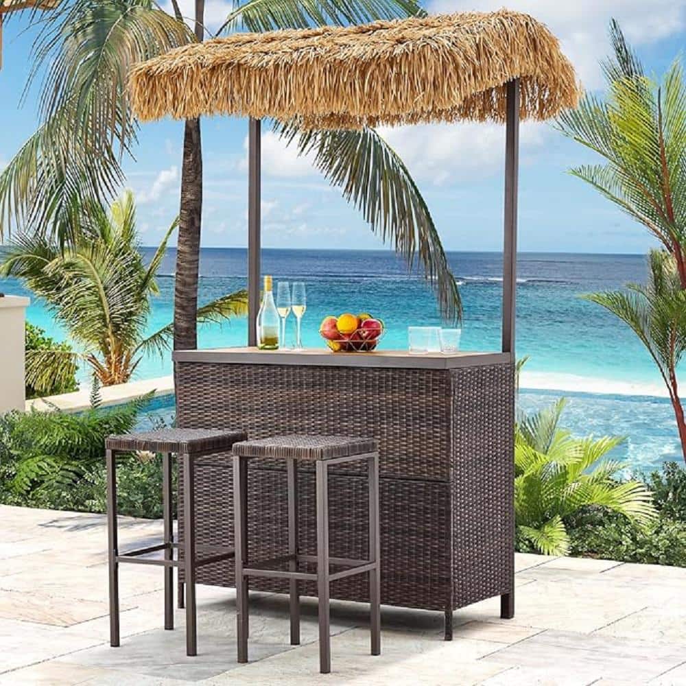 Polar Aurora 3PCS Patio Bar Set With Stools And Glass Top Table Patio Wicker Outdoor Furniture With Beige Removable Cushions For Backyards, Porches, Gardens Or Poolside
