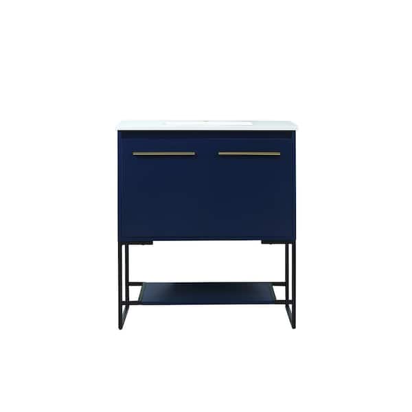 Unbranded Simply Living 30 in. Single Bathroom Vanity in Blue with Engineered Marble Vanity Top in Ivory White
