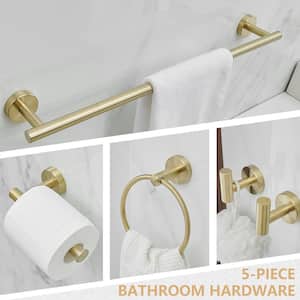 Bathroom Hardware 5-Piece Bath Hardware Set with Towel Bar, Towel Ring, Robe Hook, Toilet Paper Holder in Brushed Gold