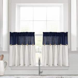 Linen Button Kitchen Tier Window Curtain Panels Navy/White 29X24 Set