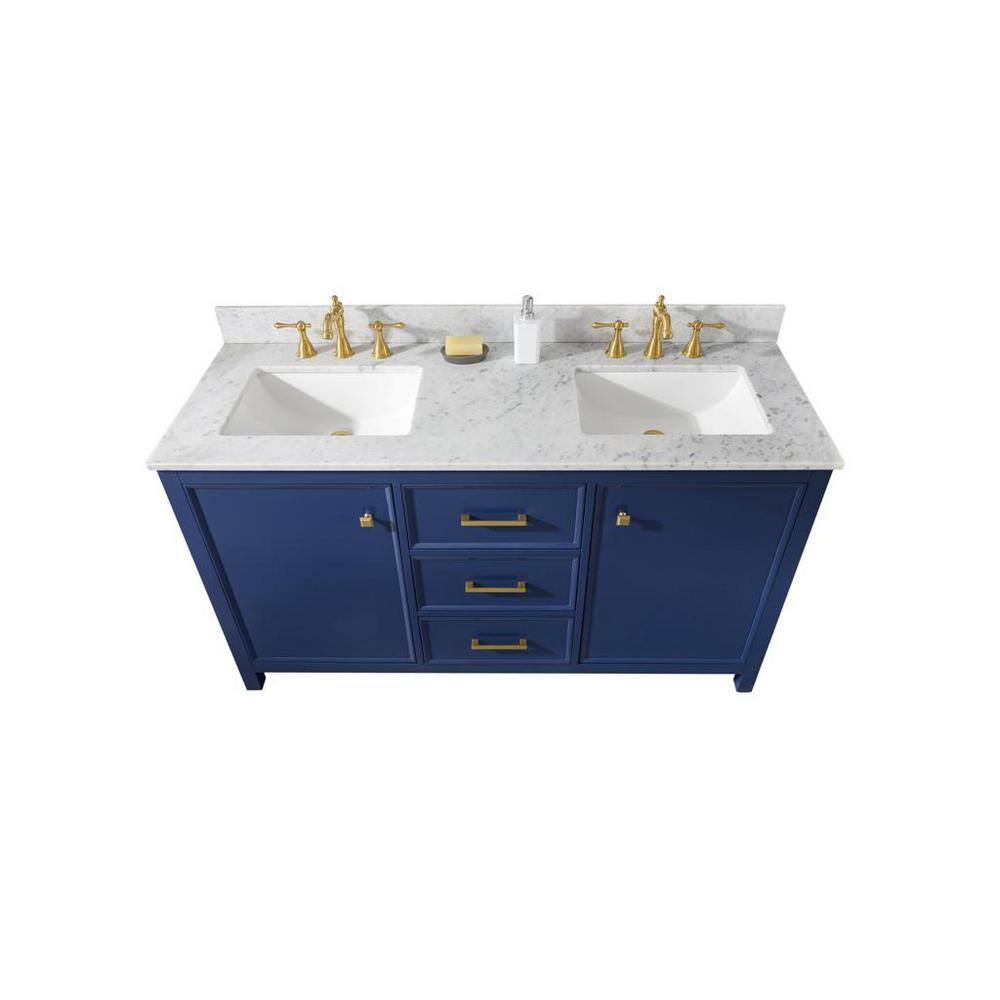 Blue Double Sink Vanity with Carrara Marble Top and Gold Hardware