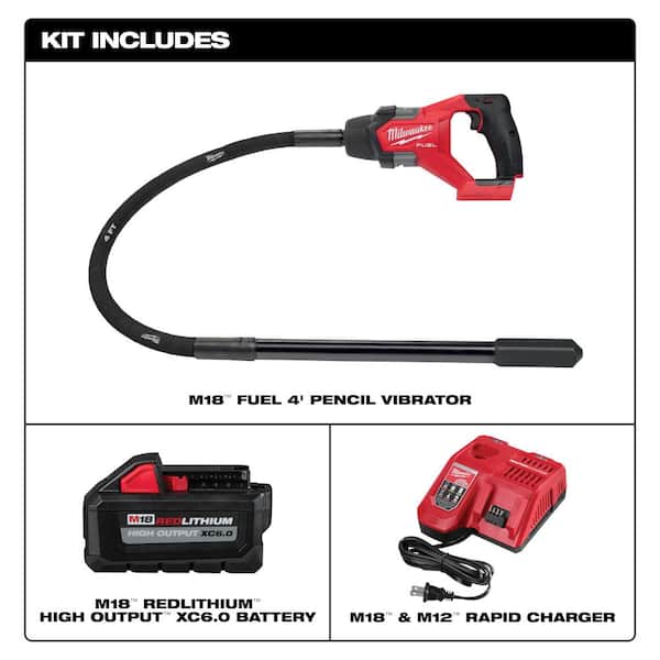 M18 FUEL 18V Lith-Ion Cordless 4 ft. Concrete Pencil Vibrator Kit w/ 6.0 Ah Battery w/ FORGE 8. 0Ah Battery & Charger